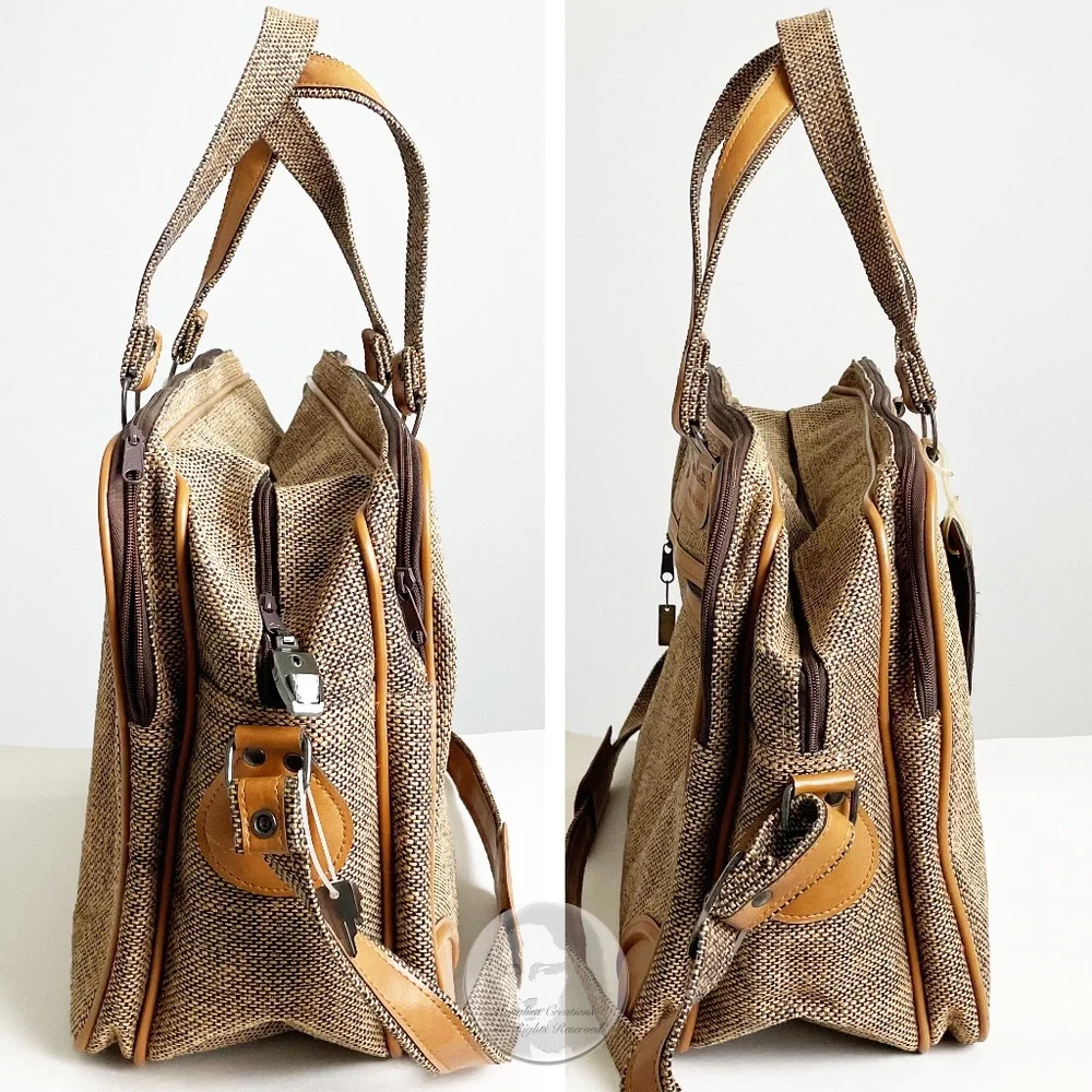 Vintage Pierre Cardin Carry On Bag Luggage Tan Tweed + Luggage Tag, Lock & Keys